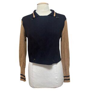 Cabi Womens Cropped Nautical Baseball‎ Button Up Sweater Jacket Navy Tan Small
